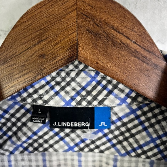J. Lindeberg Black & Cobalt Plaid Performance Button Up Shirt Mens Large FLAWS - Picture 5 of 9